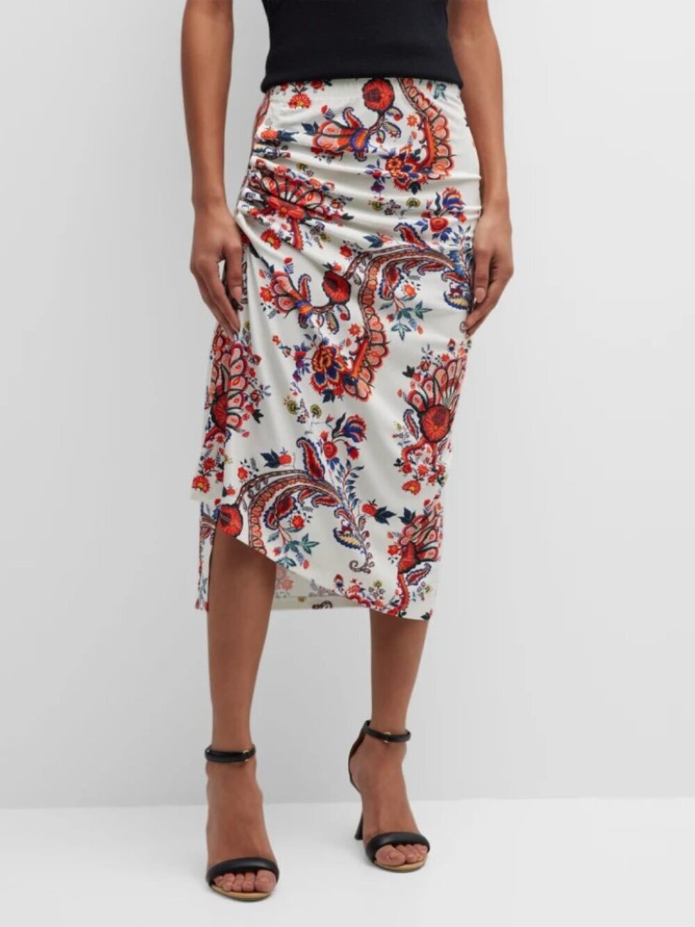 Paco Rabanne Womens Ruched Midi Skirt White Paisley Floral Asymmetric - 44 - Picture 1 of 4